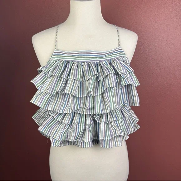 Magali Pascal Anthropologie US 12 or XL ruffle tiered halter top blue stripe - Picture 2 of 8
